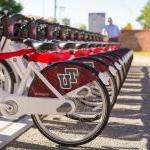 a row of bicycle back tires display the TU logo